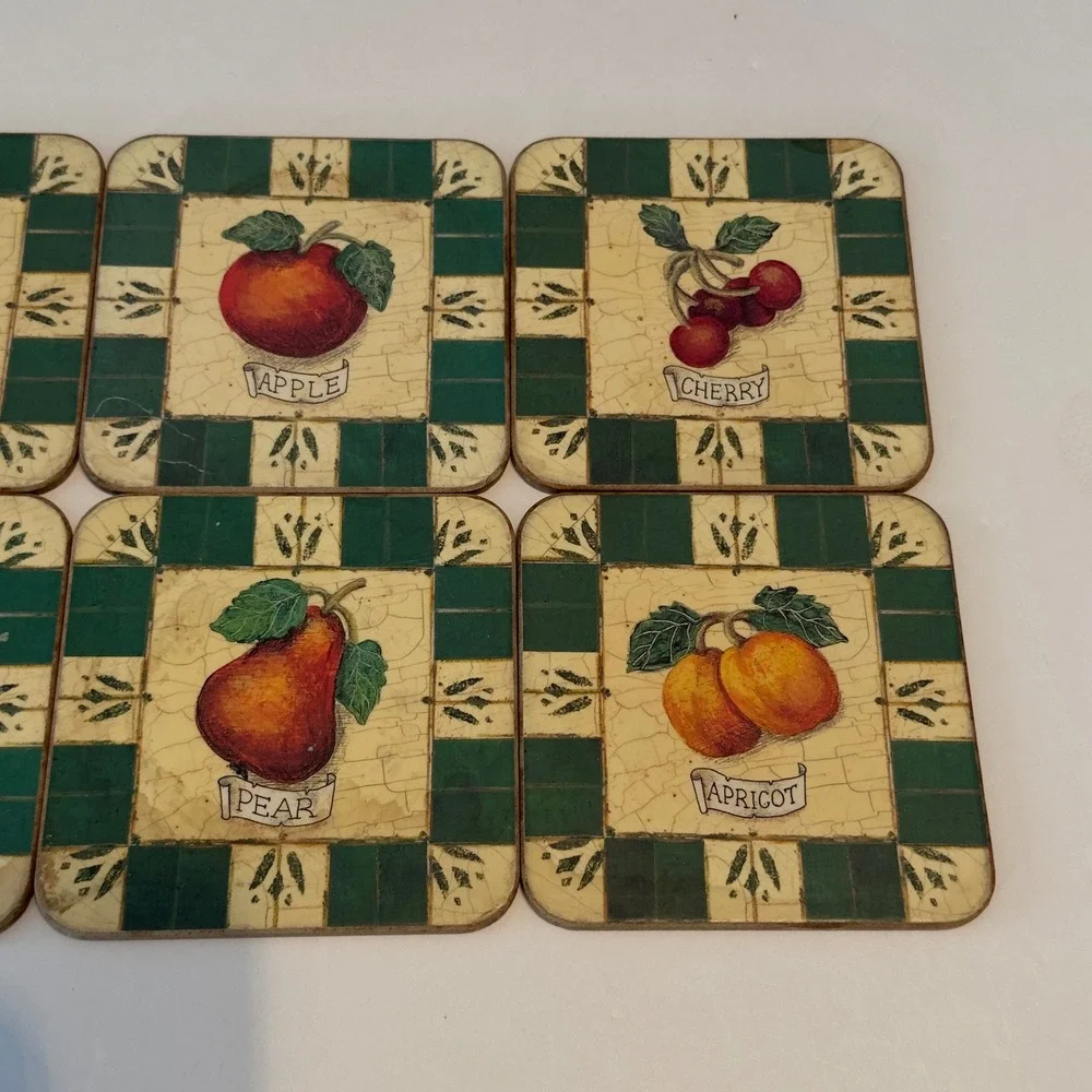Pimpernel Fruit Coasters Set of 6 Vintage Made in England Cork Backed Botanical
